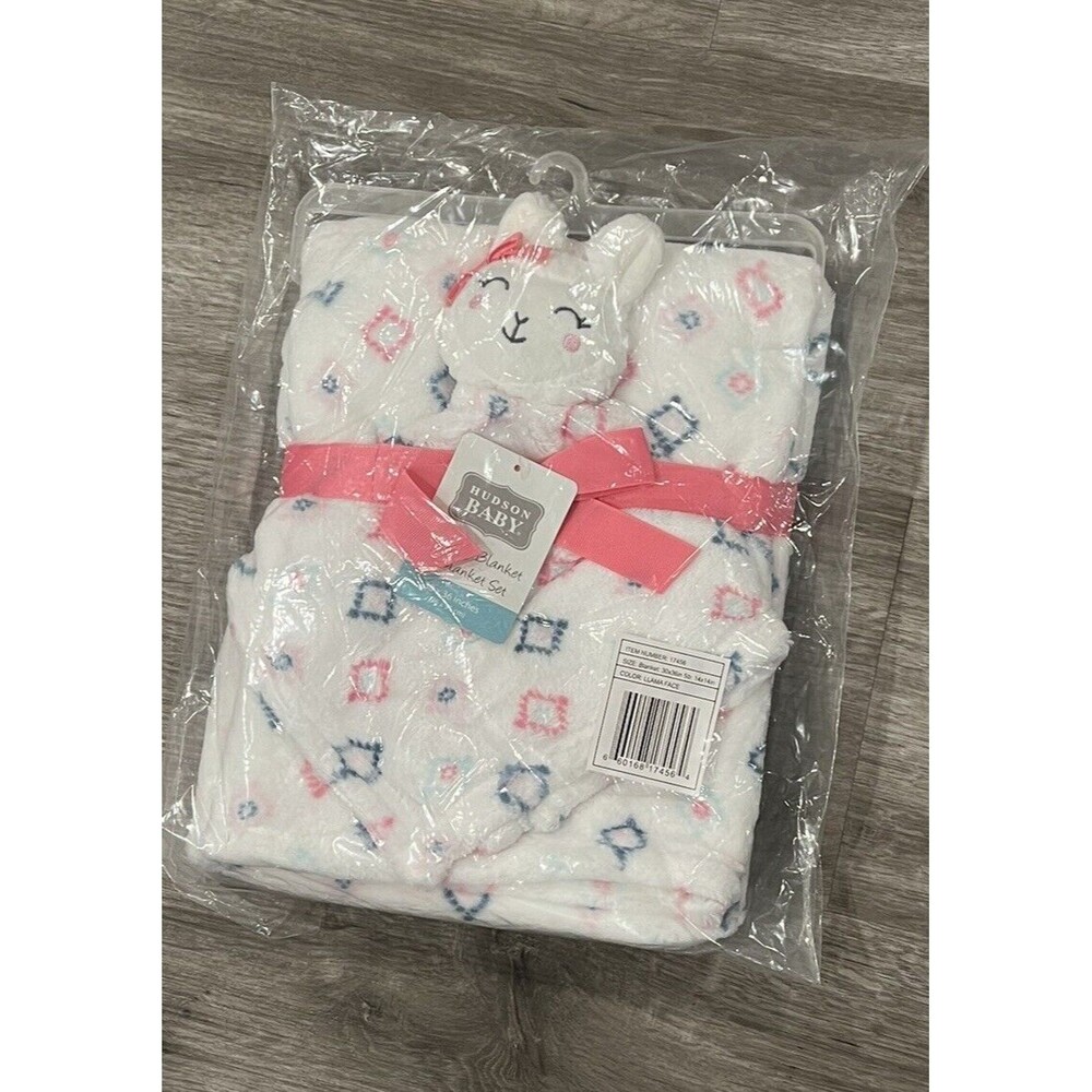 Hudson Baby Llama Face  Baby Blanket Lovey Set White Pink Embroidered Girls New